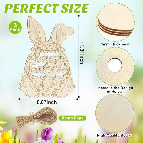 Large Size 12" Wooden Easter Ornaments to Paint, Wooden DIY Blank Unfinished Round Wood Discs Ornament Happy Easter Bunny Door Sign Hanging Sign Plaque Crafts Hanging Decorations 3PCS