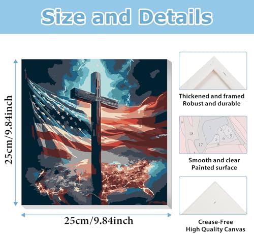 American Flag Paint by Numbers Kit for Adults, Paint by Numbers 10x10 Inch | Cross Framed Paint by Numbers with Easel, Acrylic Painting by Numbers, DIY Arts and Crafts for Gifts or Home Decor
