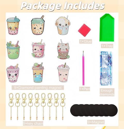 Bulerrylulu 9 Pcs Milk Tea Diamond Painting Magnets Kits Fridge Magnet Stickers Diamond Art Painting Keychains Gem Painting kit for Beginners Adults DIY Art Craft Gifts Home Decors