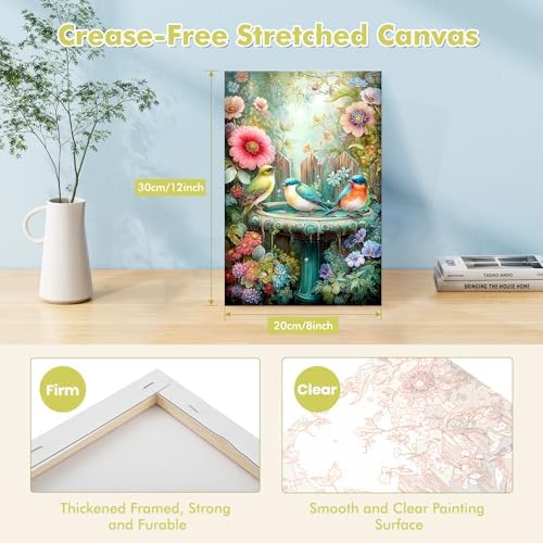 Bowetile Framed Paint by Numbers Bird Kit for Adults, Adults' Paint-by-Number Kits on Canvas, Painting by Numbers Flower, Acrylic Fountain Number Painting Gifts for Home Wall Decor, 8x12in