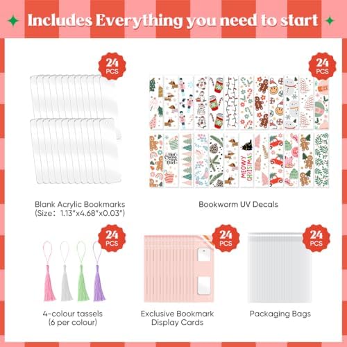 Kaciola 24PCS Acrylic Bookmark Blanks with 24PCS Christmas Theme UV DTF Stickers and 4 Colors Tassels,Blank Bookmarks UV DTF Transfers Stickers for DIY Crafts Hanging Tag Gift Bookmarks DIY