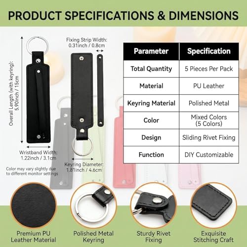 QUUPY 5Pcs PU Leather Keychain Blank DIY Craft Key Rings with 8mm Small Belt for Slide Charm Letters Beads Women Men(5 Colors)