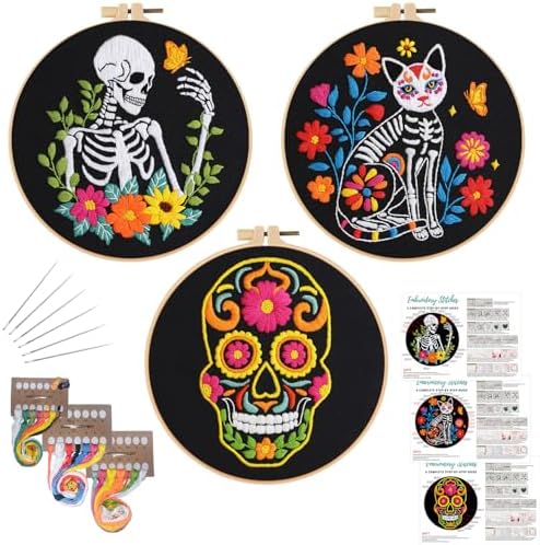 Louise Maelys 3 Set Halloween Skull Embroidery Kit for Beginners