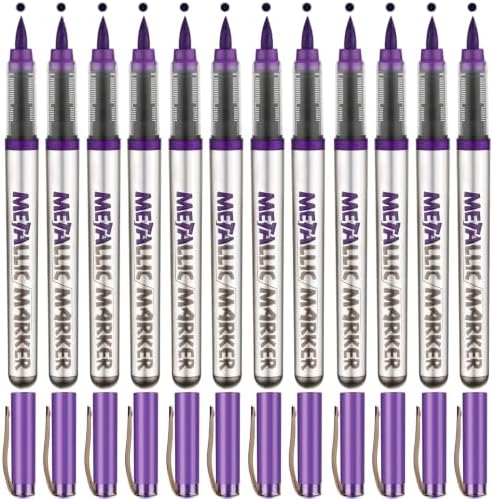 Metallic Acrylic Paint Markers, 12 Pcs Soft Brush Tip Marker Pens for Stone,Paper,Wood,Glass,Fabric Paint,DIY Crafts (12, Purple)