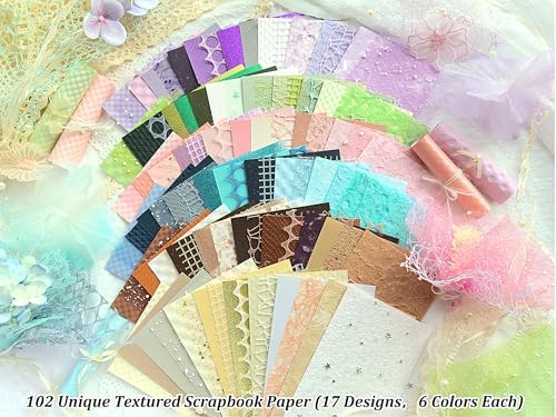 102 Unique Textured Scrapbook Papers and Mesh Fabric Sheets(17 Designs × 6 Colors), Handmade Craft paper for Scrapbooking, Junk Journal, Card Making Supplies, Planner, Collage (5.9" x 3.9")