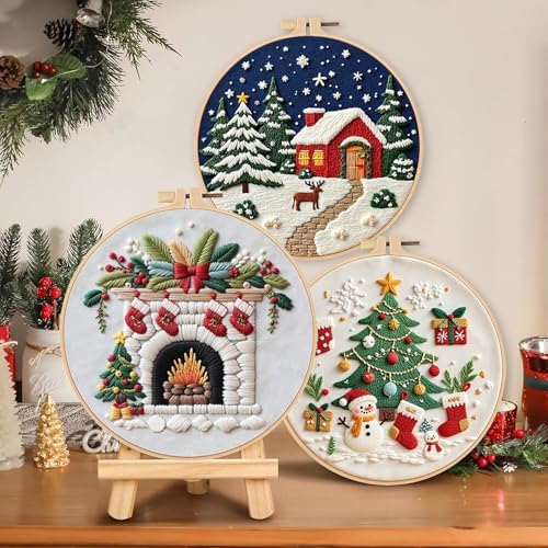 LB Christmas Embroidery Kit for Beginners Adults, 3 Sets Hand Embroidery Starter Kit with Fireplace Pattern and Instructions Stamped Cross Stitch Kits Include Embroidery Hoop Needles Threads Scissors
