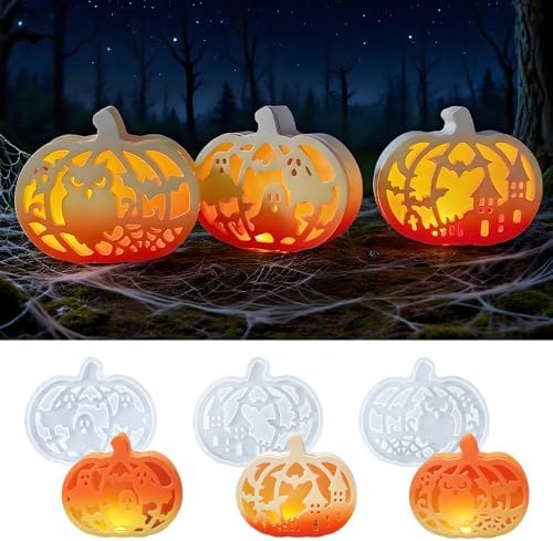 Halloween Pumpkin Lamp Molds Set – 3-Piece Resin and Plaster Molds for DIY Pumpkin Light Tabletop Decorations with Owl, Ghost, Bat, Haunted House Designs for Halloween Craft Projects