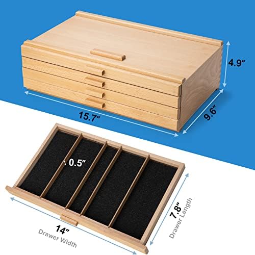 Falling in Art Wooden Pastel Storage Box With 4 Removable Drawers | Artist Supply Storage Box, Portable Organizer Box for Pencils, Markers, Brushes and Painting Tools