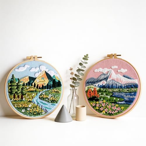 spicssa 2PCS Embroidery Kit for Beginners, Hand Needlepoint Kits for Adults with Pre-Stamped Patterns, 7.8-Inch Hoop, Threads & Needles, Step by Step Instructions