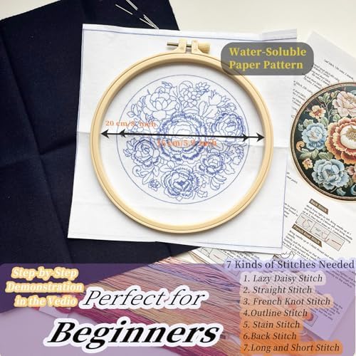 FONNUY Floral Embroidery Kit, Cross Stitch Kits for Beginners, Handmade Crafts with Printed Patterns for Beginner Adults, Easy to Follow Color Thread Needlework, 8'' Hoop (Petals Unfurling)