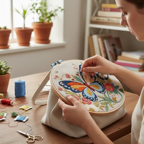 ARTopet Embroidery Tote Bag Kit for Beginners Butterfly Canvas Cross Stitch Handbag with Hoops Needles Threads Reusable Grocery Bag for Women-Butterfly04