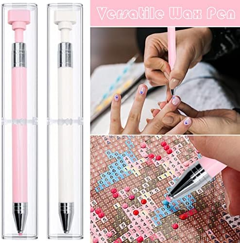 ZYNERY 2 Pcs Diamond Painting Pens with Wax, Refillable Wax Pen, Rotating Glue Point Drill Pen for Nail Art Rhinestones, Diamond Art Accessories and Tools, Quickly Pick Up Beads Gems (Pink, White)