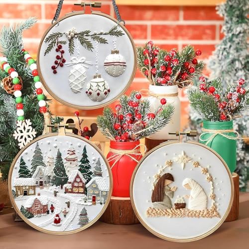 SCECALA 4 Winter Christmas Pack Embroidery Kit for Beginners