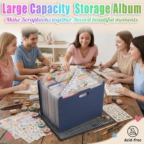 12x12 Scrapbook Paper Storage Organizer, Expandable 13 Pocket Desktop Paper Organizer Storage for Scrapbook Essentials, Large Scrapbook Storage for Photos, Washi Tape, Sticker (Dark Blue)