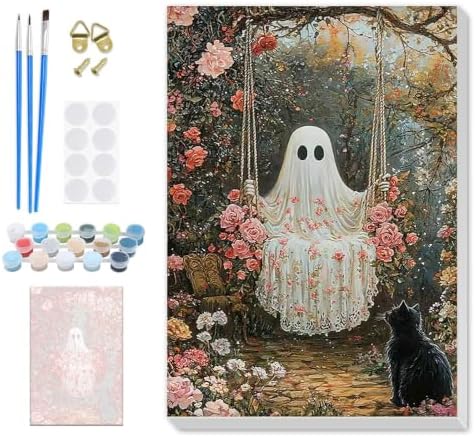 SENQAO Ghost Paint by Numbers Kit for Adults Beginner, Halloween Adult Paint by Number Kits on Canvas, DIY Acrylic Oil Easy Painting by Numbers for Home Wall Decor 8X12 inch (Cat Flower)