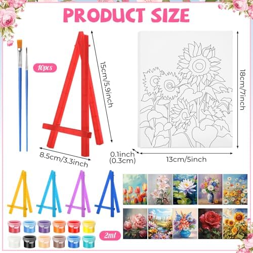 Blosssound 10 Set Pre Printed Canvas Pre Drawn Canvas Painting with Easel Kits 5" x 7" Outline Painting Panels for Beginners, DIY Craft Project, Party Favor, Home Decors(Flower)
