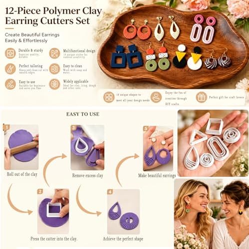 12Pcs Polymer Clay Earring Cutters Set, Modern Geometric Shapes Clay Cutters for Polymer Clay Jewelry Making, Minimalist Earring Cutters with Fan Teardrop Square Triangle Oval Shapes