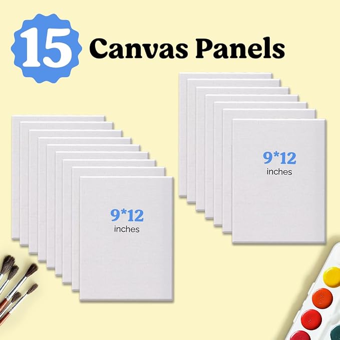 Chalkola 15 Pack 9x12 Canvas for Painting - Paint Canvases Panels | Primed 100% Cotton Boards for Acrylic Painting, Oil Art, Acid-Free for Professional Artists, Hobby Painters, Kids & Beginners