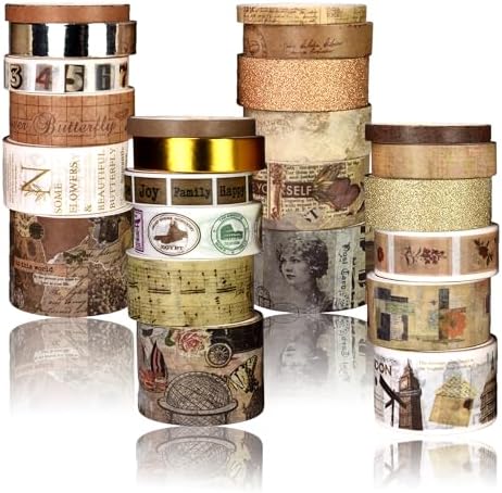Washi Tape Set, 24 Rolls Vintage Washi Stickers, Assorted Sizes, for Junk Journal Scrapbook Tape, Bullet Journaling Scrapbooking Supplies, Planner Sticker DIY Craft DéCor (Brown)