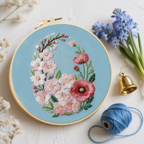 FREEBLOSS 4 Sets Embroidery Kit for Beginners Needlepoint Embroidery Starter Kit with Easter Floral Stamped Patterns, Instructions, Colored Threads, 2 Hoops 11.6"/29.5cm