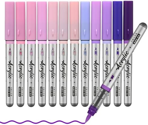 Purple Pink Acrylic Paint Pens,12 Color Paint Pen Markers,Brush Tip Paint Pens for Adult Painting Art Supplies