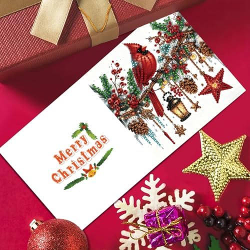 6Pcs Christmas Greeting Card DIY Diamond Art Painting Greeting Cards Blessing Folding Card Kit with White Envelopes Diamond Arts Crafts for Birthday Festival Gift-Cardinal