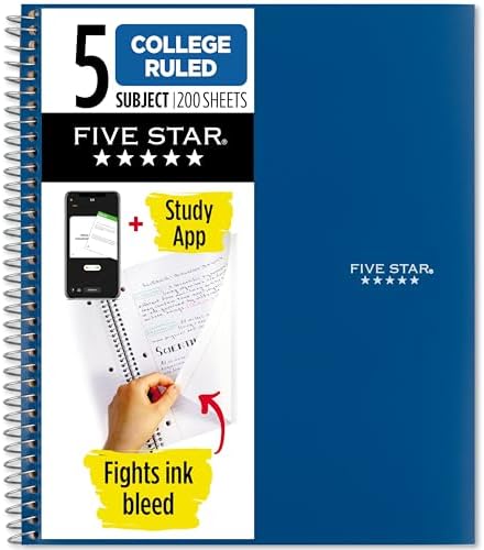 Five Star Spiral Notebook + Study App, 5 Subject, College Ruled Paper, 8-1/2" x 11", 200 Sheets, Fights Ink Bleed, Water Resistant Cover, Pacific Blue (73635) (Pack of 6)