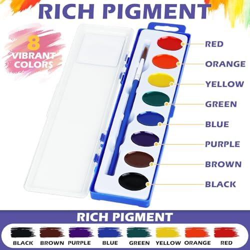 24 Pack Watercolor Paint Set - 8 Colors Quality Washable Water Color Paints Sets with Paint Brush, Kids Watercolor Paint Set for Coloring, Art, Classrooms, Party Favors and Easter Paint Supplies