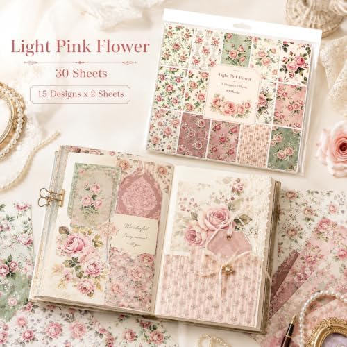 30 Sheets Vintage Floral Scrapbook Paper, 5.5x7.9 Inch Single-Sided Light Pink Rose Aesthetic Craft Paper for Junk Journaling, Card Making, Collage, Decoupage & DIY Projects