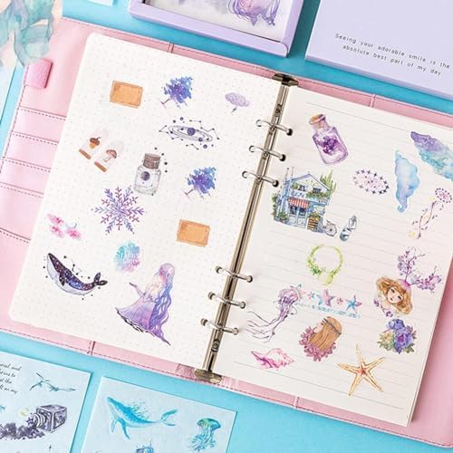 Cute Washi Stickers Set 50 Sheets - Watercolor DIY Decorative Scrapbook Fantasy Sticker Decal for Bullet Journaling,Diary,DIY Arts Crafts,Album,Planners,Junk Journal,Calendars,Notebook