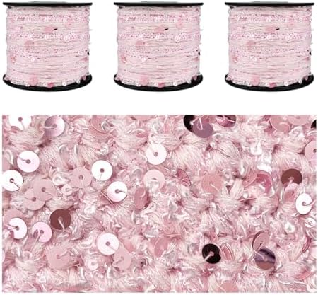 Artisanal Yarn Collection Multifiber Fancy Yarn with Pink Sequins for Knitting Crocheting Crafts DIY, Set of 3 Rolls (Pink Sequins)