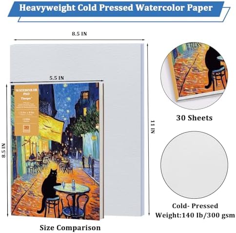 Tlenpo Watercolor Paper Pad, 8.5 x5.5 in 140lb/300gsm, 30 Sheets, Cold Press Acid-Free, Artist Grade Water Color Art Drawing Painting Paper, Drawing Art Supplies for Adults, Teens, Kids