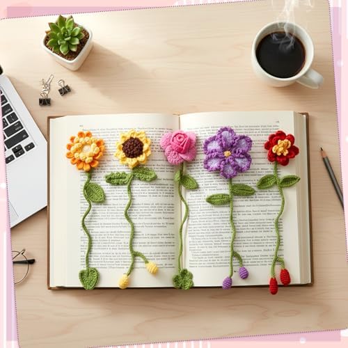 WSICSE 8-Pc Crochet Flower Bookmark Kit, Handmade Floral DIY Set