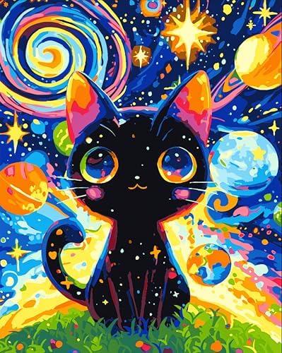 Yunnuo Paint by Numbers Kit for Adults Cat,Adult Paint by Number Kits on Canvas,Painting by Numbers for Beginners Black Cat and Starry Night,DIY Oil Painting Kit for Home Wall Decor Gift (16x20 Inch)