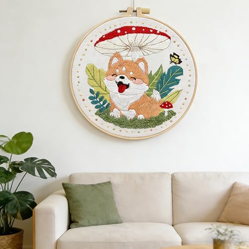 Dog & Mushroom Embroidery Kit for Beginners Handmade Gift