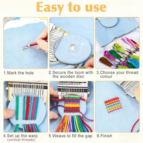 Meetory Knit Patch - Mushroom Mini Darning Loom, Knitpatch Kit with 14 Hooks Small Weaving Loom 14 Pcs Large Eye Needles 50 Color Threads for Handcraft DIY Weaving Repair Tool for Mending Jeans Socks