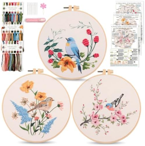Harimau Beginner Adult Embroidery Kit, All-in-One Starter Pack with 3 Patterns, 3 Hoops, Scissors, Needles, Instruction Manual & Stitching Video Guides