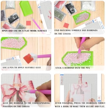 XUNLURY Pink Coquette Bow Diamond Art Kits 4 Pcs, Romantic Vintage Book Car Champagne Diamond Painting Kits for Adults Girls Beginners, Full Drill Diamonds Dots for Home Decor, 9.8x11.8 Inch