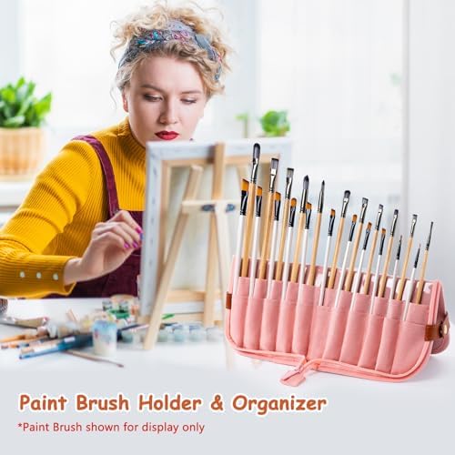Paint Brush Holder Case for Artists with 22 Slots, Brush Organizer with Pop-Up Stand, Travel Paintbrush Storage Bag for Acrylic Oil Watercolor, Zippered Art Brush Cover (Brushes Not Included)