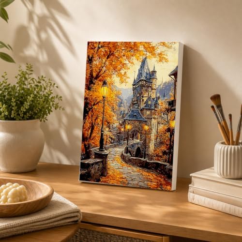 Spandrel Autumn Scenery Framed Paint by Numbers Kit for Adult Castle, Adult Paint by Number Kits on Canvas Landscape, DIY Acrylic Oil Easy Fall Painting by Numbers for Home Wall Decor, 8x12in