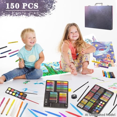 KINSPORY 150PC Art Set with Sketch Book, Coloring Art Kit Drawing Art Supplies Case, Markers Crayon Colour Pencils for Budding Artists Kids Teens Boys (Blue)
