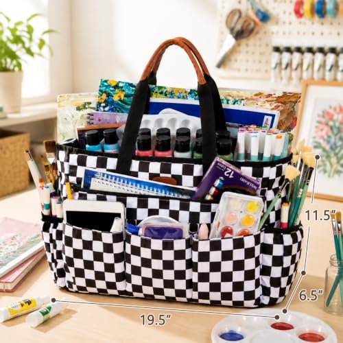 APOFFICE Large Craft Organizer Tote Bag with Multiple Pockets, Art Supply Storage Caddy with Removable Bottom Board and Shoulder Strap for Painting, Sewing, Scrapbooking and Classroom Supplies