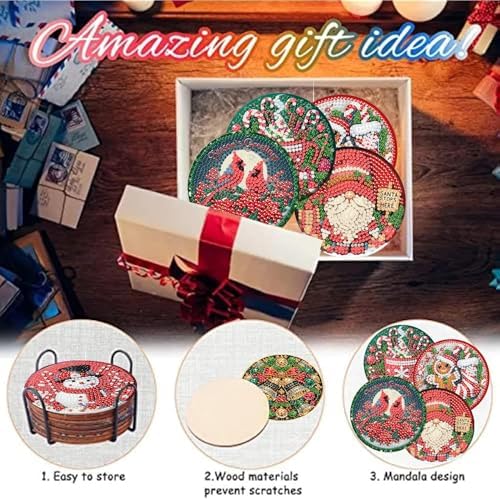 8 Pcs Christmas Diamond Art Painting Coasters Kits,Winter Snowman Coaster with Holder for Adults, Non-Slip DIY Dot Paint Craft Kits,5D Full Drill DIY Diamond Dot Gem Art Kit Home Decor Arts Craft