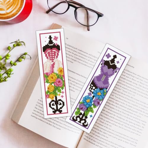 ORIGACH 6 Set Mannequin with Flowers Cross Stitch Bookmark Kit for Beginner