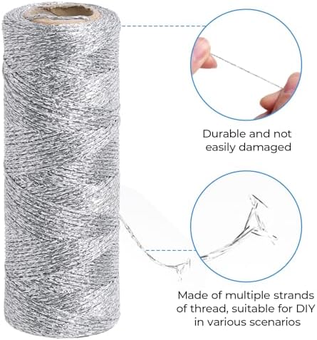 Silver String Silver Twine 328 Feet 1.5mm Silver String for Ornaments Christmas String Twine for Gift Wrapping Inelastic Glitter Silver Cording for Crafts Gold Thread Wedding DIY Decoration