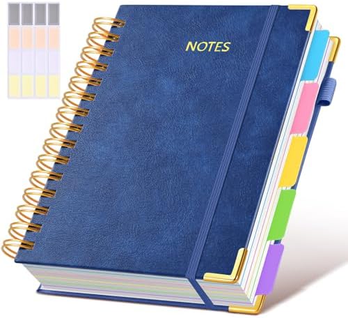 Hardcover Spiral Notebook journal with Removable Dividers Tabs, 300 Pages Leather 5 Subject Notebook College Ruled, 100GMS A5 Notebooks for Work School Note taking,Lined Journal for Women,A5 Navy