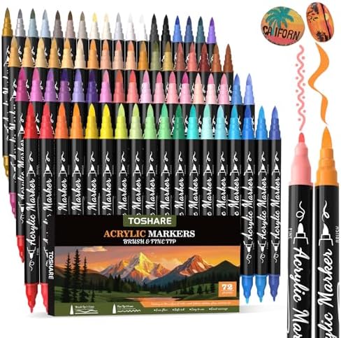 72 Colors Precision Dual Tip Acrylic Paint Markers Pens - Brush & Fine | Performs on Rock, Wood, Paper, Fabric, Egg, Scrapbook, Glass, Ceramic, Canvas, DIY Crafts Art Gift - School Supplies
