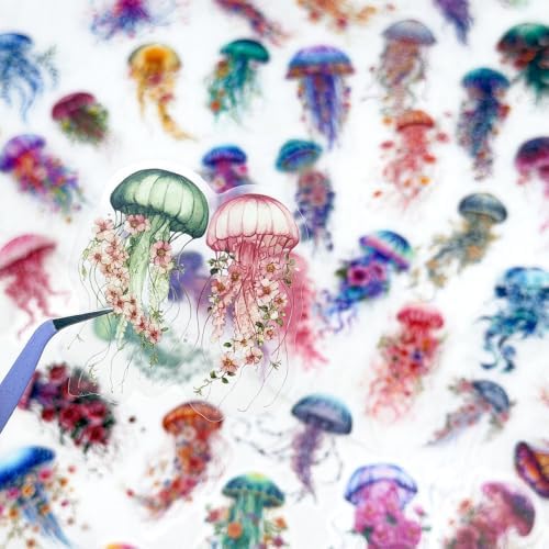 50PCS Floral Jellyfish Stickers for Journaling - Clear Watercolor Ocean Fantasy Scrapbook Stickers, Botanical Marine Life Aesthetic Decals for Planner, Junk Journal, Collage, Crafts Decoration