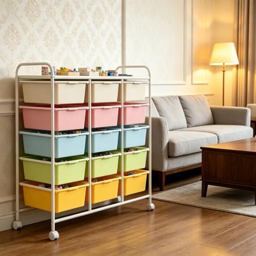 15-Drawer Rolling Storage Cart with Wheels, Multi-Color Plastic Drawer Cart | Mobile Organizer Cart, Utility Storage Trolley for Office, Living Room, Craft Room, Bathroom, and Home Organization