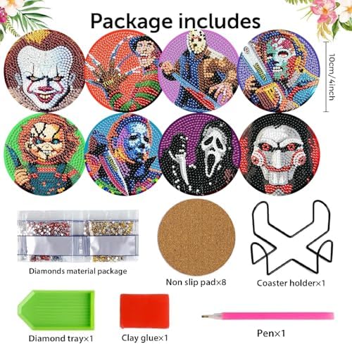 8 Pcs Horror Diamond Art Coasters Kits, Diamond Painting Coasters Kits ﻿ ﻿